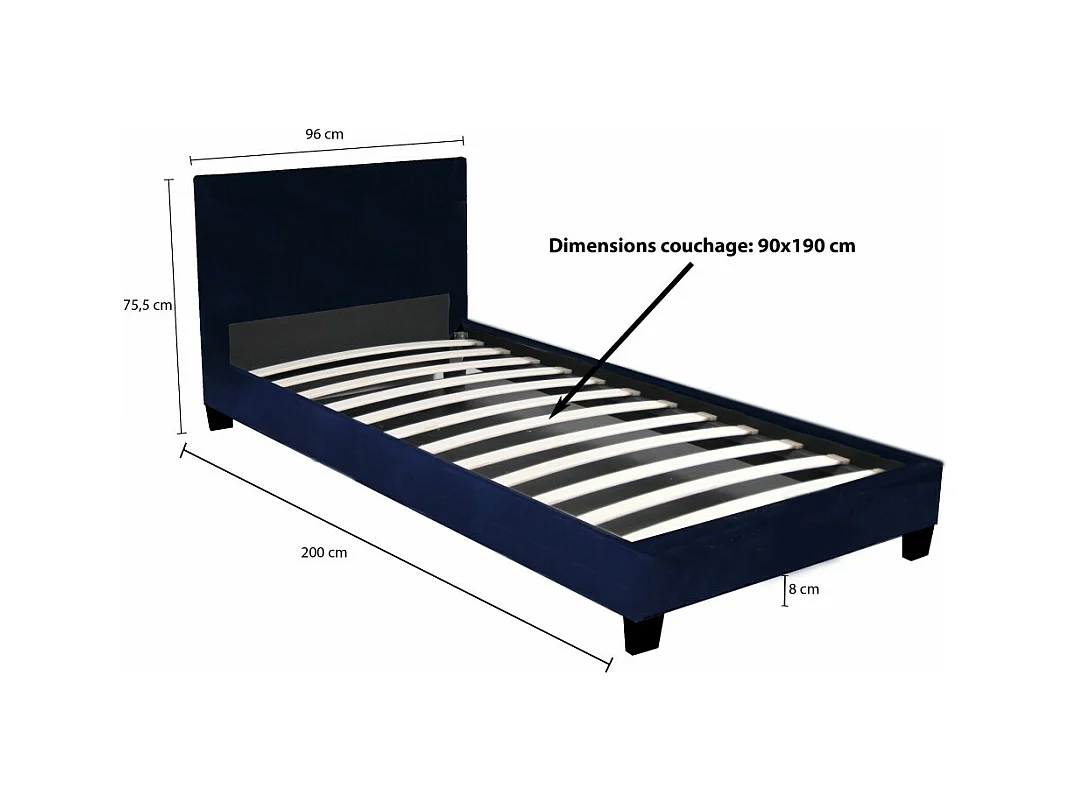 Lit 1 place 90x190cm Tissu Bleu avec sommier DUSIN