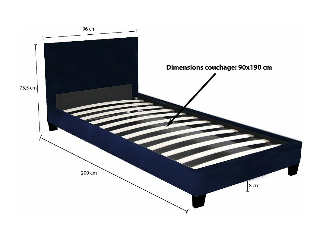 Lit 1 place 90x190cm Tissu Bleu avec sommier DUSIN