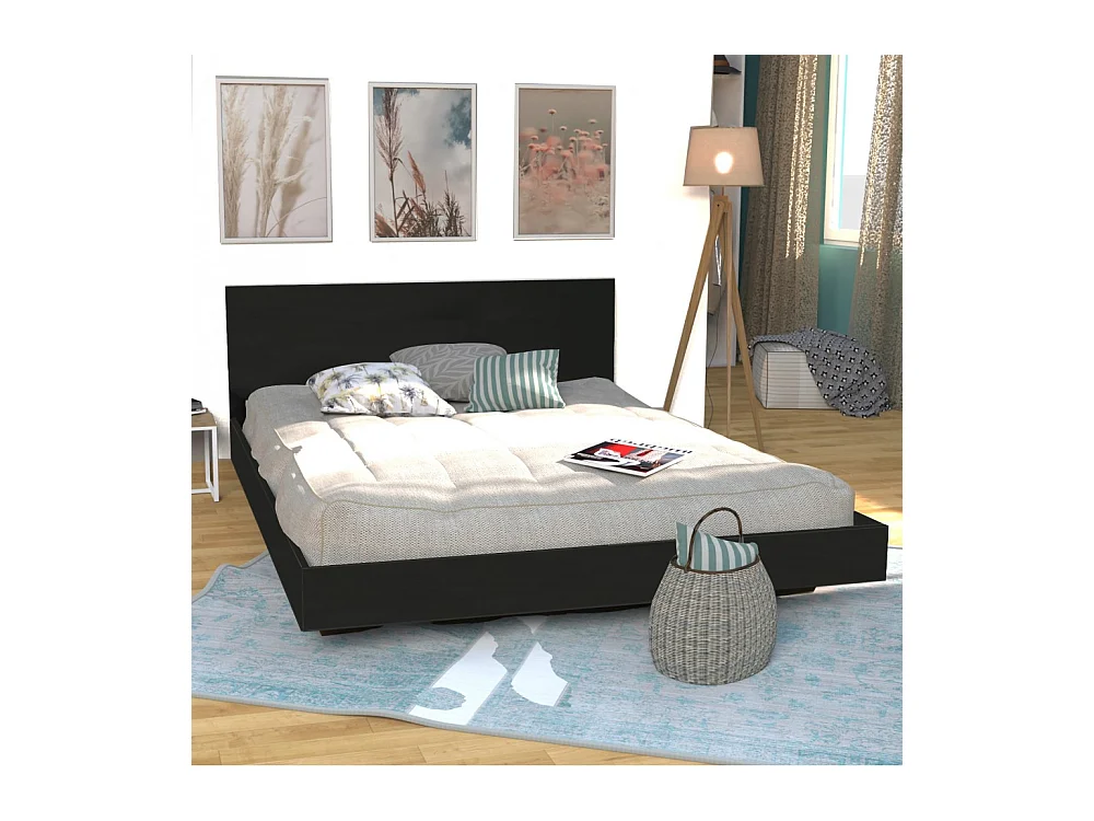 Lit 2 places 140x190cm Noir LIFA inclus sommier et tête de lit