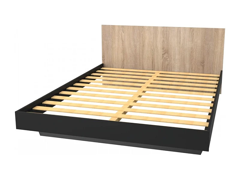 Lit 2 places 160x200cm Noir et chêne LIFA inclus sommier et tête de lit