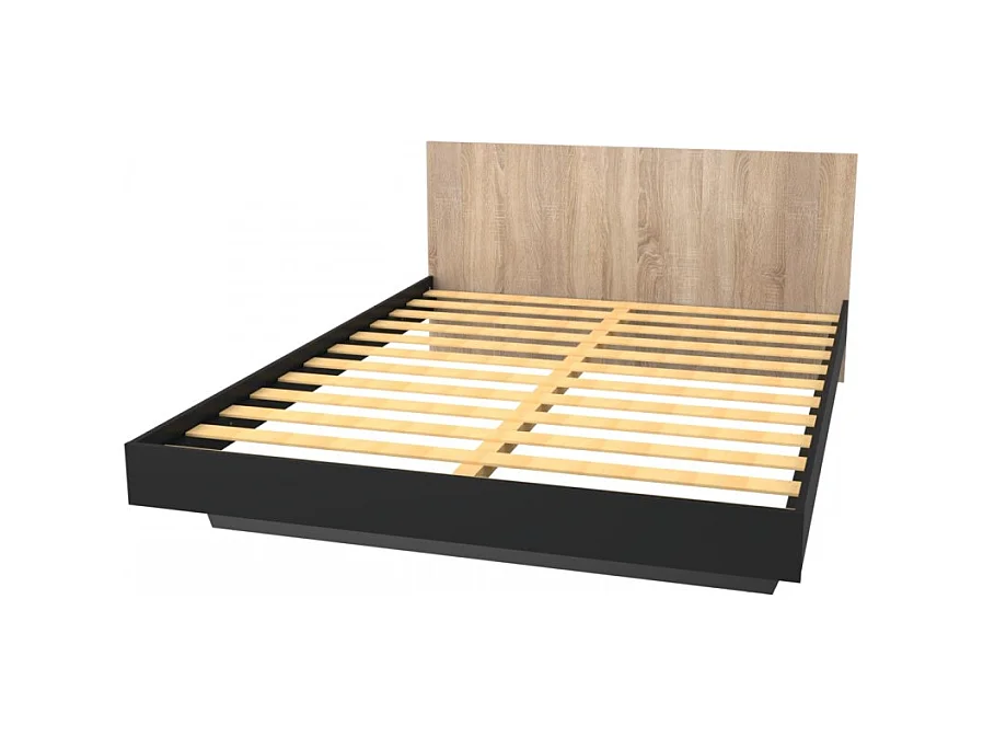 Lit 2 places 160x200cm Noir et chêne LIFA inclus sommier et tête de lit