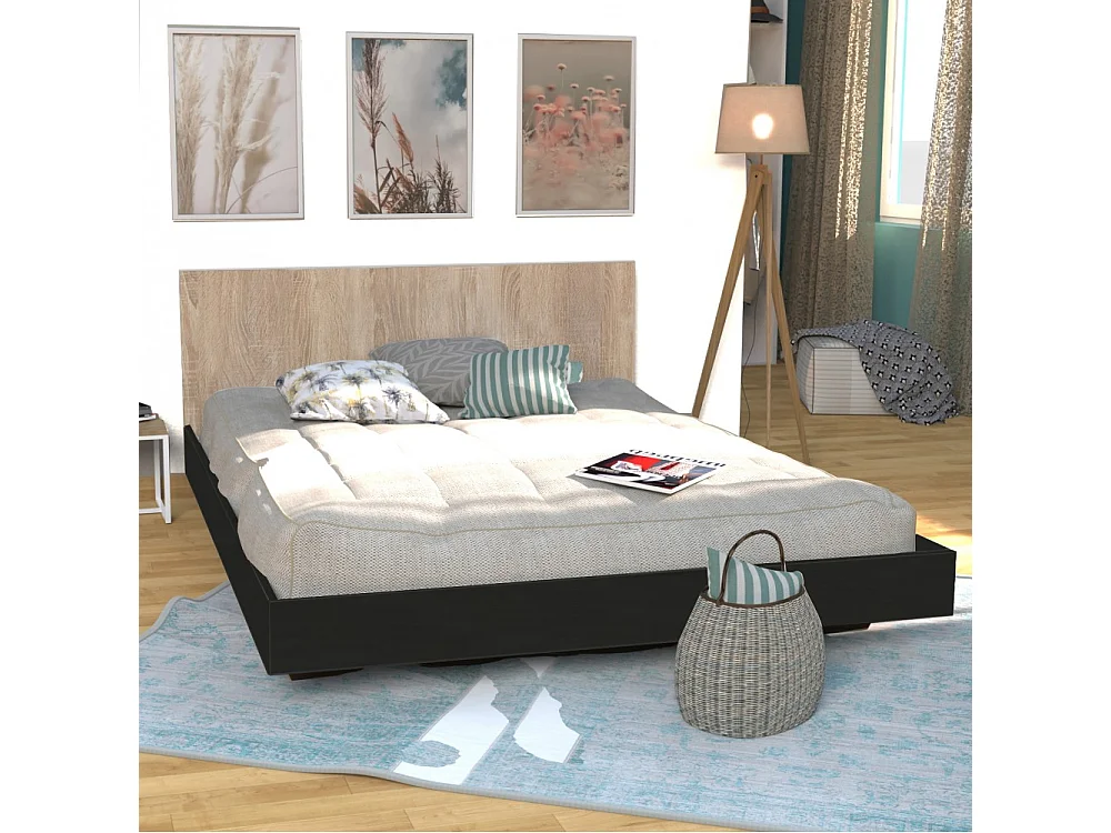 Lit 2 places 160x200cm Noir et chêne LIFA inclus sommier et tête de lit