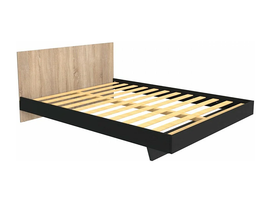 Lit 2 places 160x200cm Noir et chêne LIFA inclus sommier et tête de lit