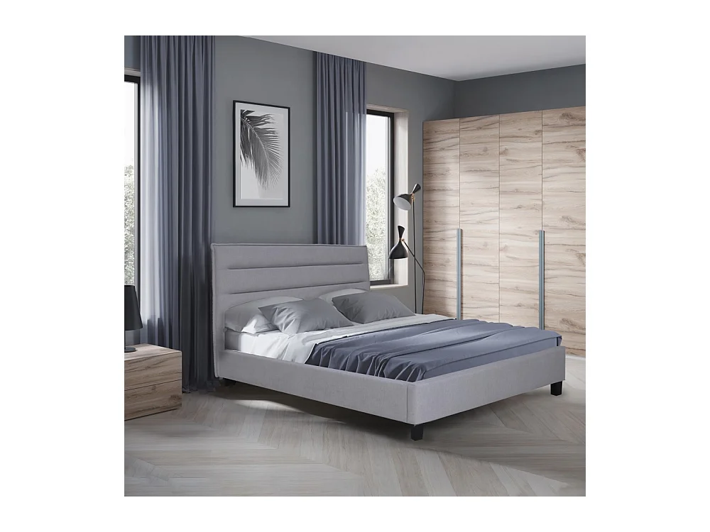 Lit 2 places 140x190cm tissu Gris clair avec sommier LANEAU