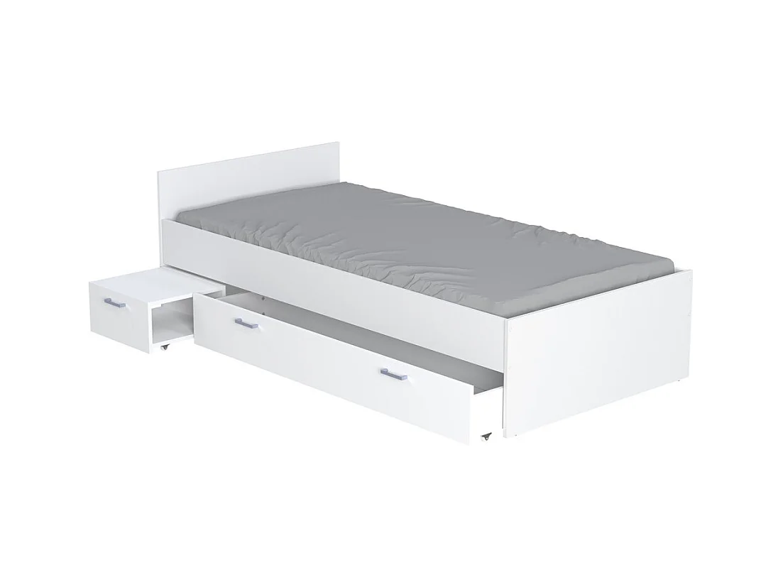 Lit 1 place 90x190cm blanc TIDO inclus chevet et tiroir pour rangement