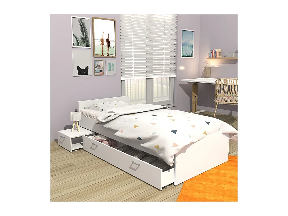 Lit 1 place 90x190cm blanc TIDO inclus chevet et tiroir pour rangement