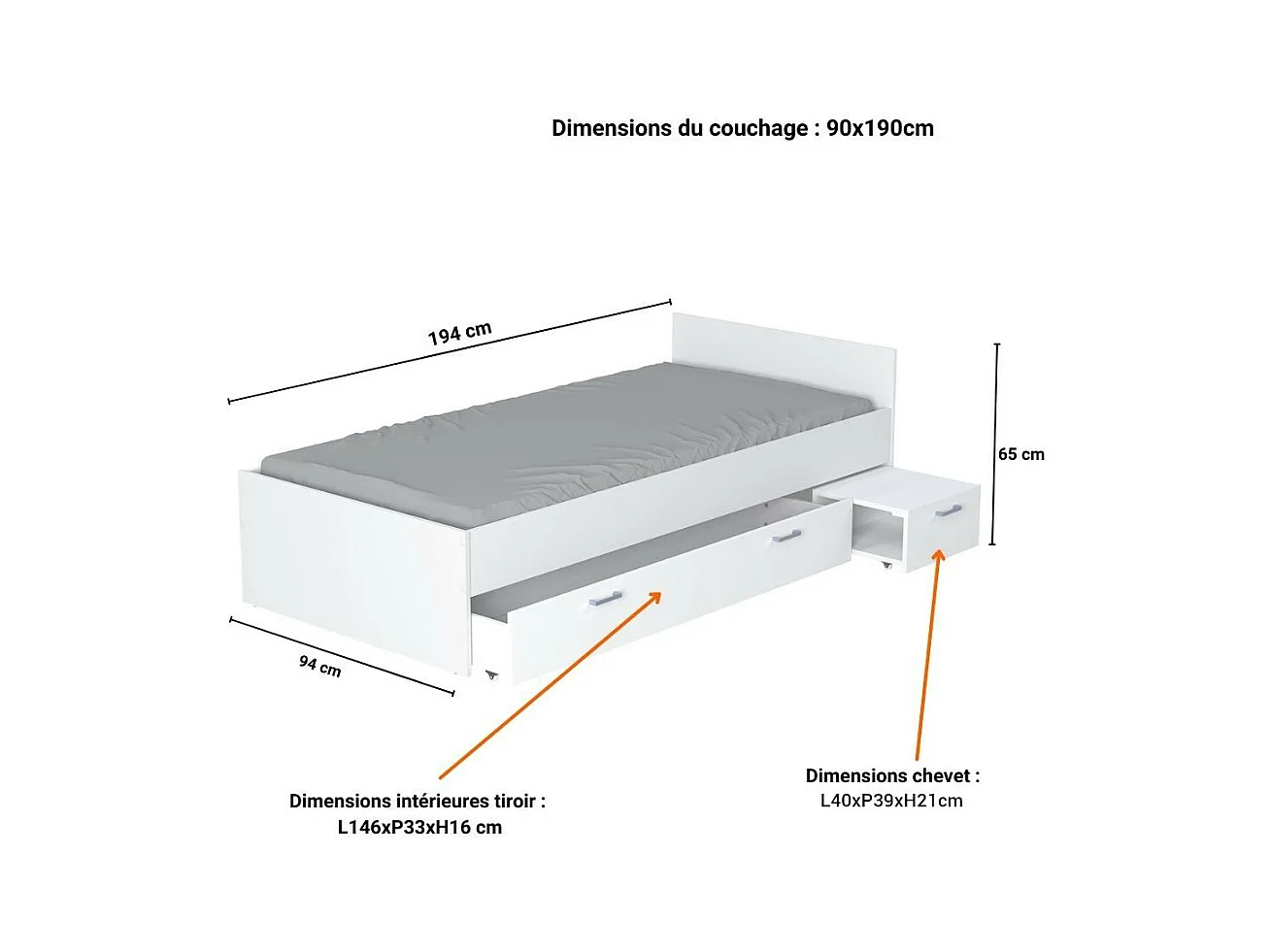 Lit 1 place 90x190cm blanc TIDO inclus chevet et tiroir pour rangement