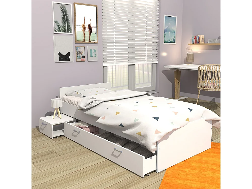 Lit 1 place 90x190cm blanc TIDO inclus chevet et tiroir pour rangement