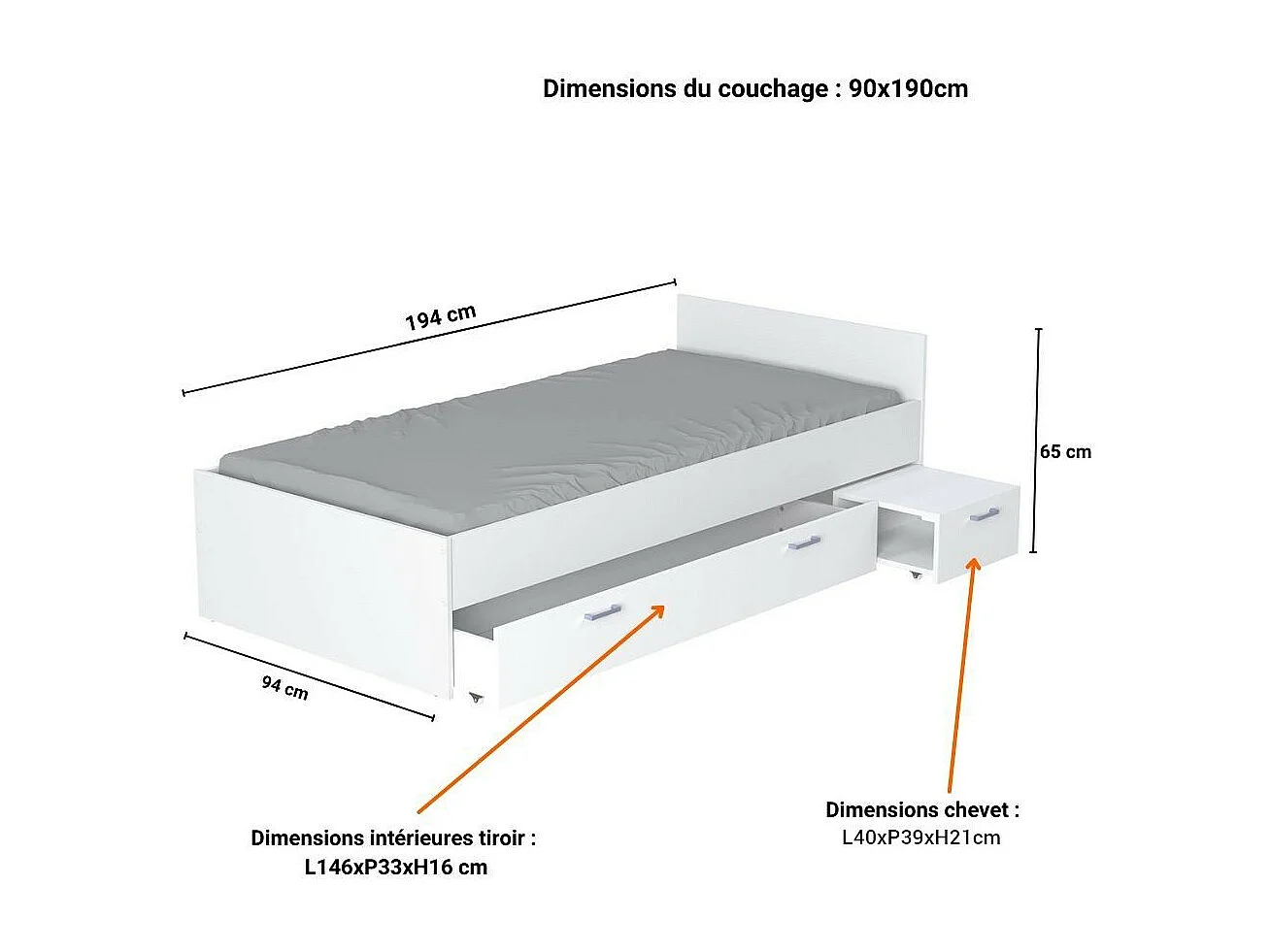 Lit 1 place 90x190cm blanc TIDO inclus chevet et tiroir pour rangement