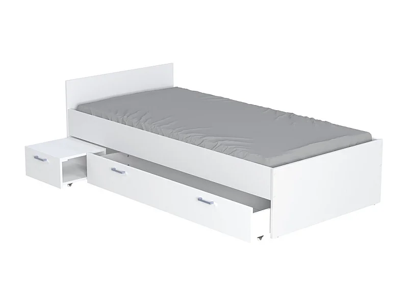 Lit 1 place 90x190cm blanc TIDO inclus chevet et tiroir pour rangement