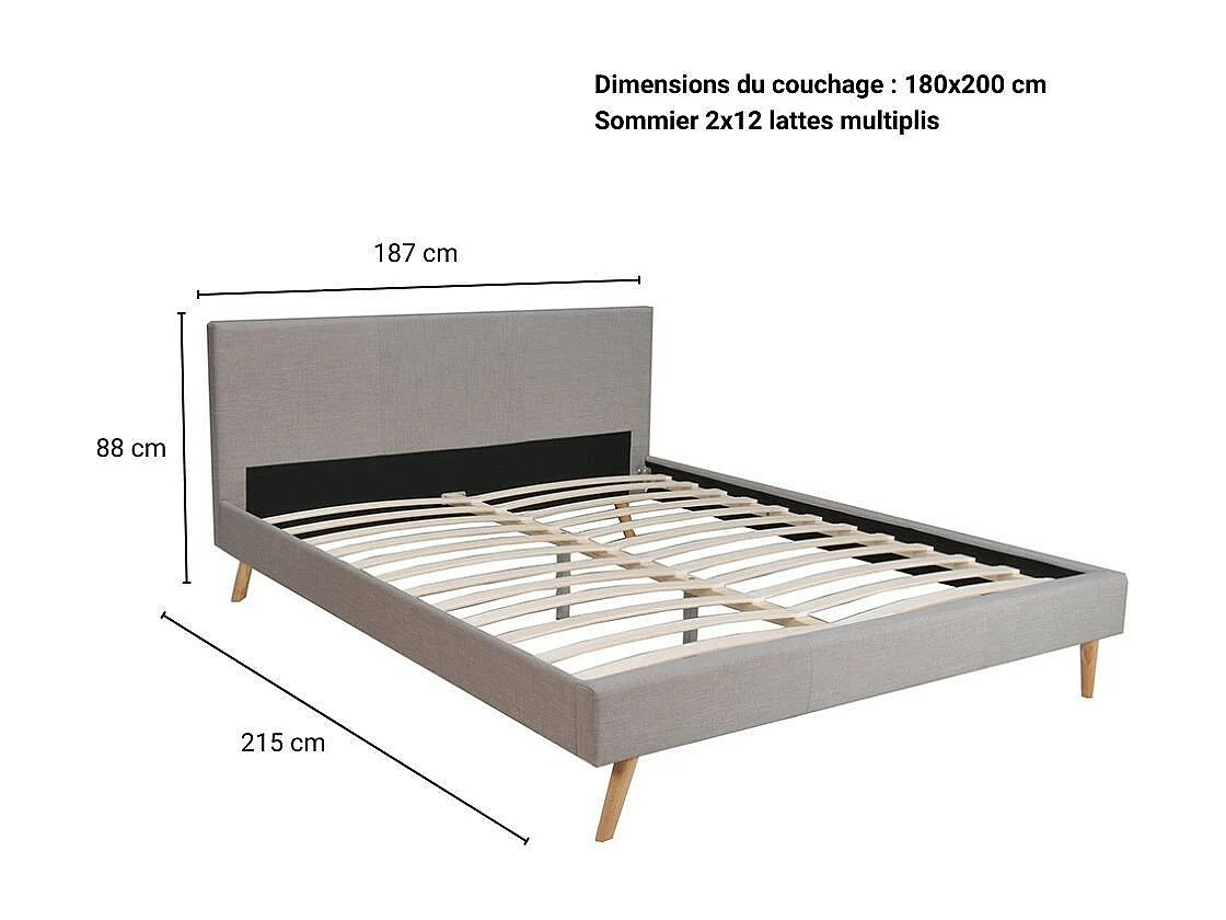 Lit 2 places 180x200cm Gris clair FIONI inclus sommier et tête de lit