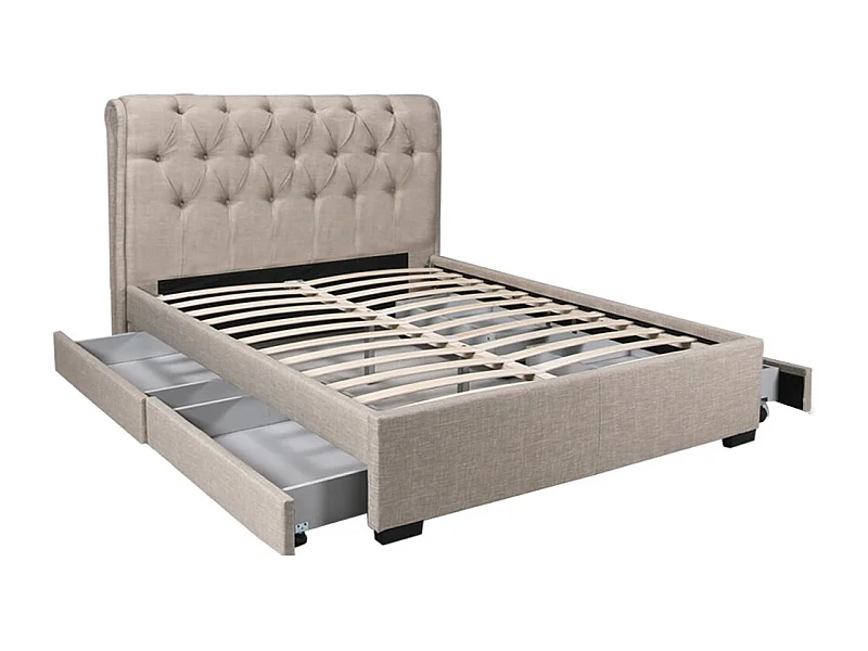 Lit 2 places 140x190cm CHALIN beige avec tête de lit inclus sommier et 4 tiroirs pour rangement