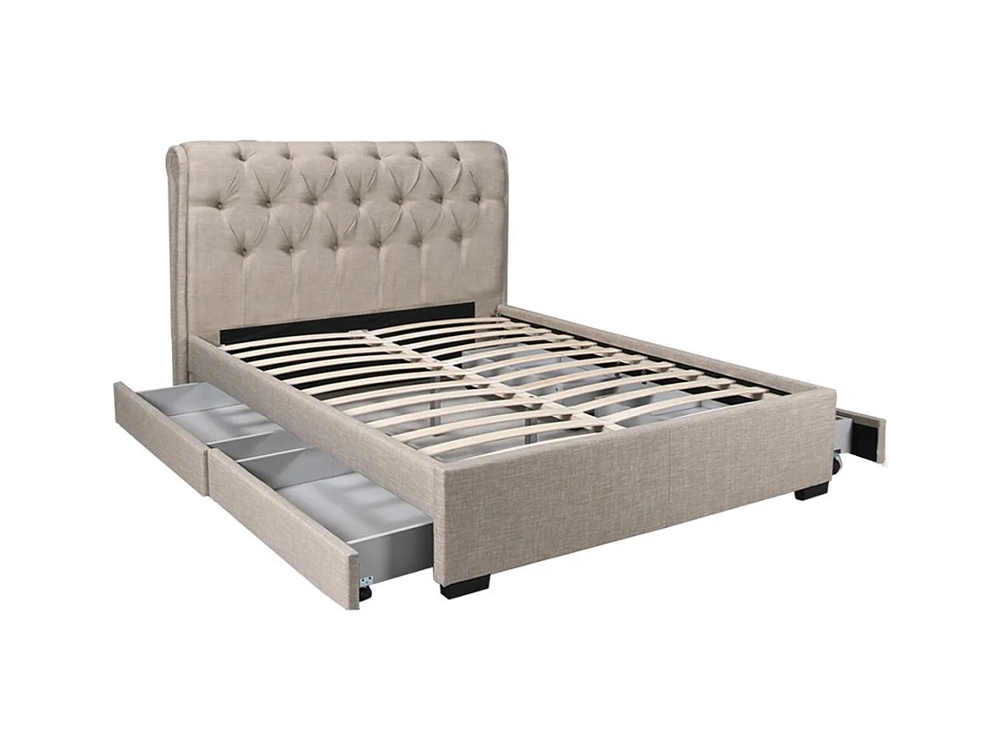 Lit 2 places 140x190cm CHALIN beige avec tête de lit inclus sommier et 4 tiroirs pour rangement