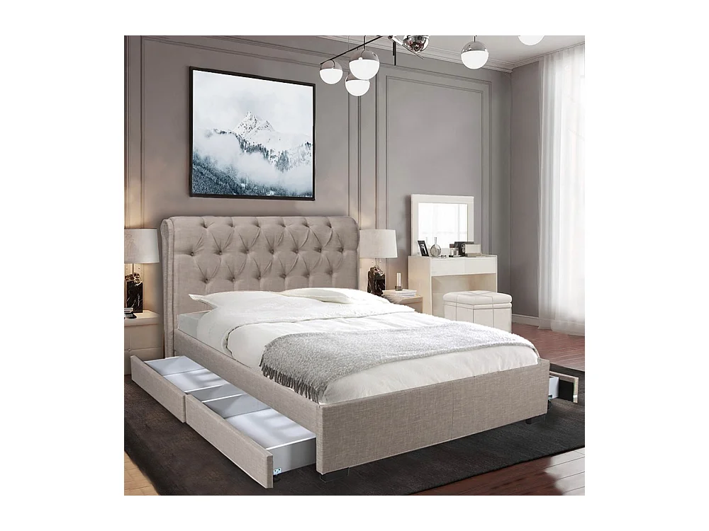 Lit 2 places 140x190cm CHALIN beige avec tête de lit inclus sommier et 4 tiroirs pour rangement