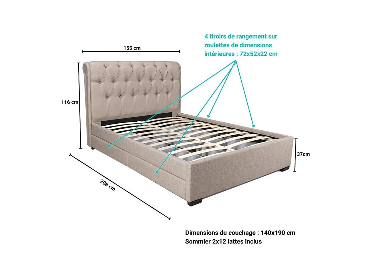 Lit 2 places 140x190cm CHALIN beige avec tête de lit inclus sommier et 4 tiroirs pour rangement