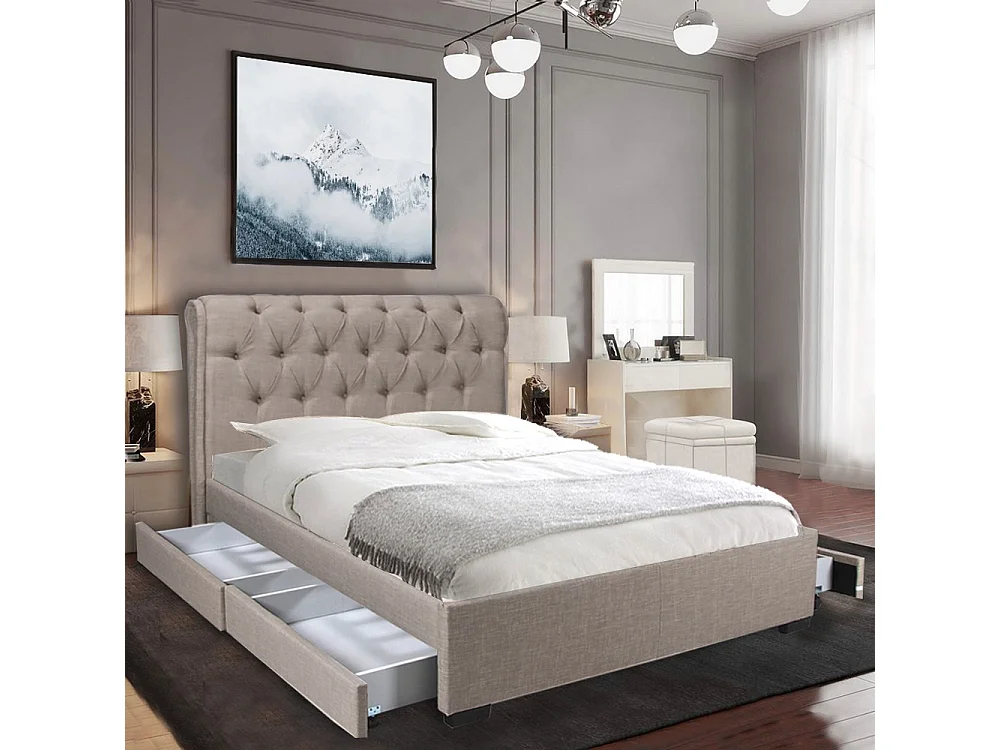 Lit 2 places 140x190cm CHALIN beige avec tête de lit inclus sommier et 4 tiroirs pour rangement