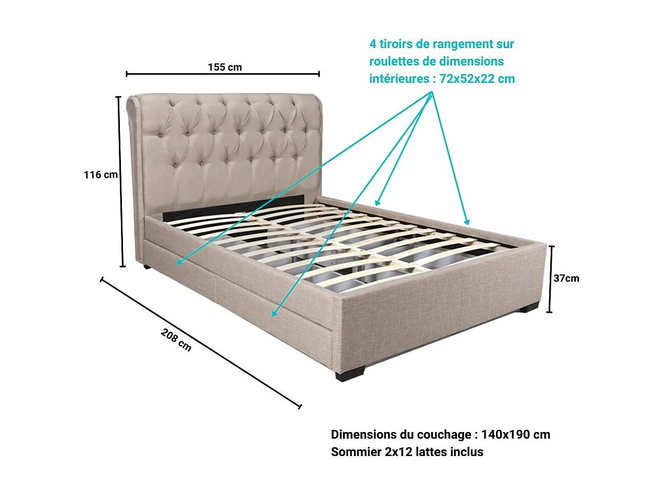Lit 2 places 140x190cm CHALIN beige avec tête de lit inclus sommier et 4 tiroirs pour rangement