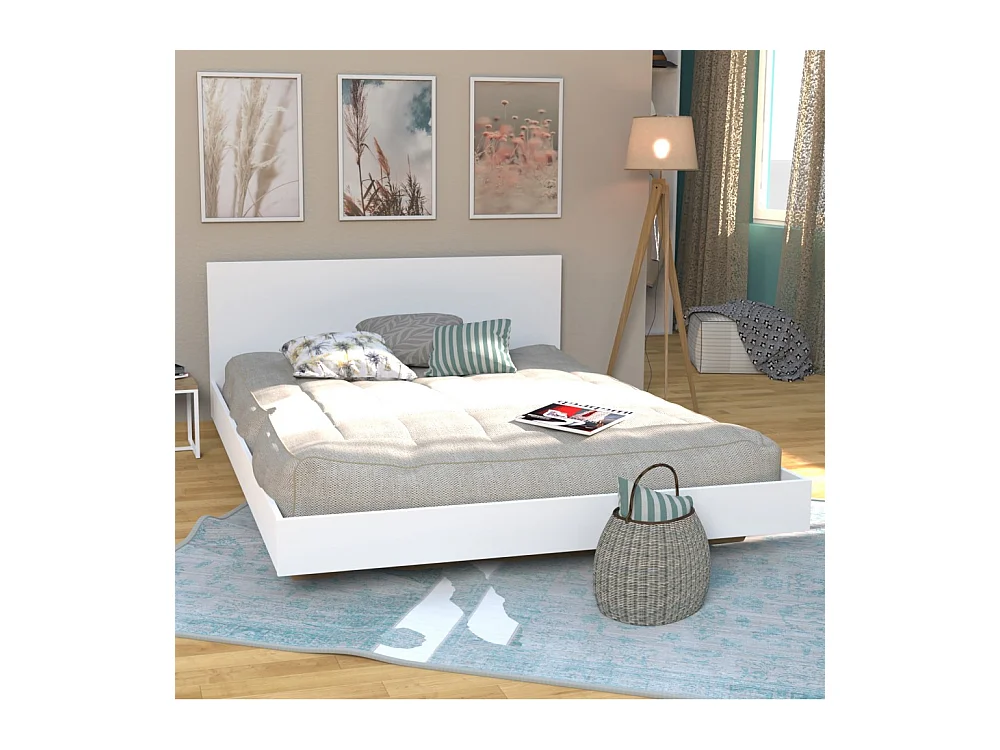 Lit 2 places 140x190cm Blanc LIFA inclus sommier et tête de lit