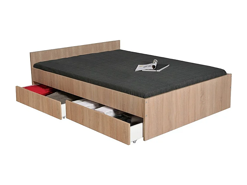 Lit 2 places 140x190cm couleur Chêne KIAPA inclus sommier et 2  tiroirs pour rangement