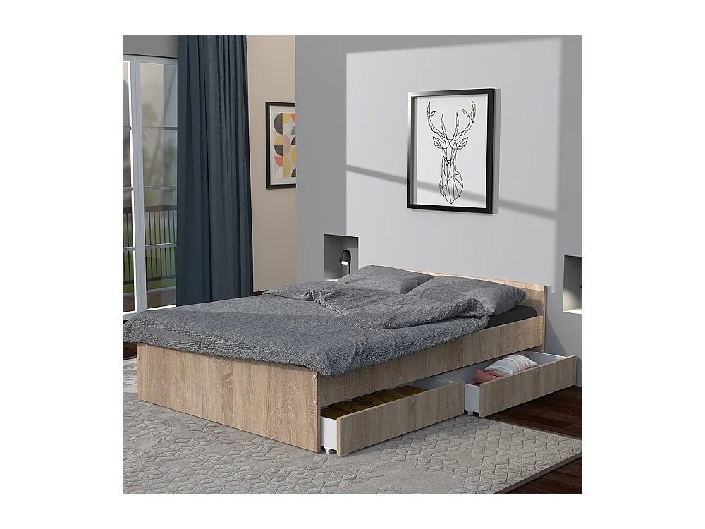 Lit 2 places 140x190cm couleur Chêne KIAPA inclus sommier et 2  tiroirs pour rangement