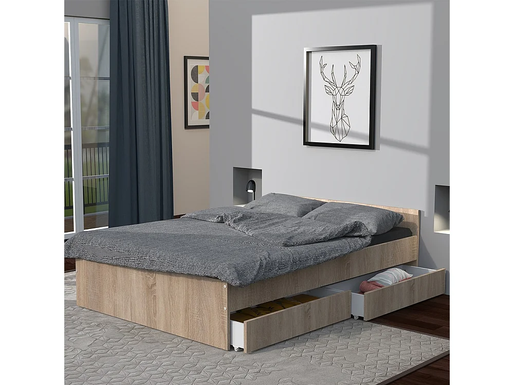 Lit 2 places 140x190cm couleur Chêne KIAPA inclus sommier et 2  tiroirs pour rangement