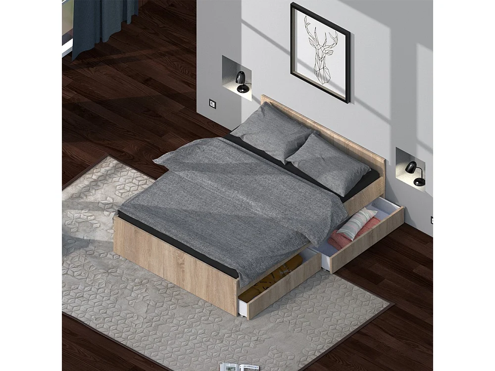 Lit 2 places 140x190cm couleur Chêne KIAPA inclus sommier et 2  tiroirs pour rangement