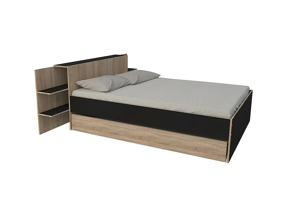 Lit 2 places 140x190cm Chêne et noir CITA inclus sommier et tete de lit chevet et tiroir