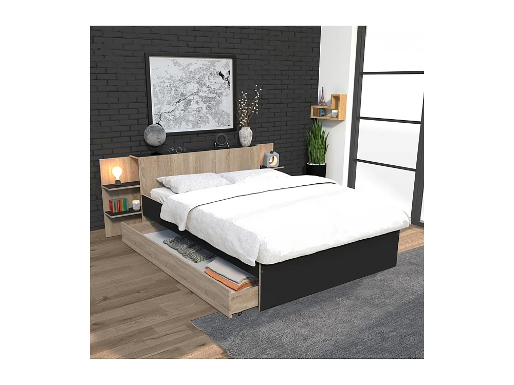Lit 2 places 140x190cm Chêne et noir CITA inclus sommier et tete de lit chevet et tiroir