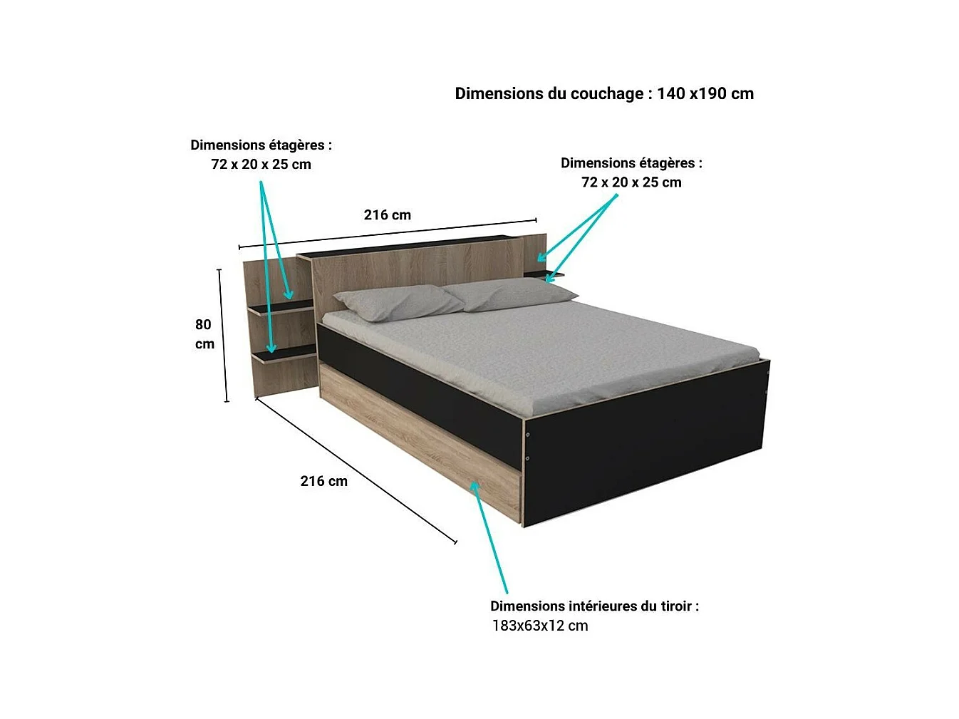 Lit 2 places 140x190cm Chêne et noir CITA inclus sommier et tete de lit chevet et tiroir