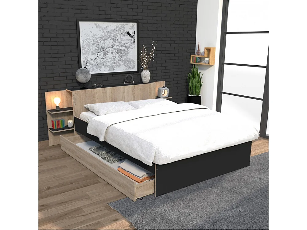 Lit 2 places 140x190cm Chêne et noir CITA inclus sommier et tete de lit chevet et tiroir