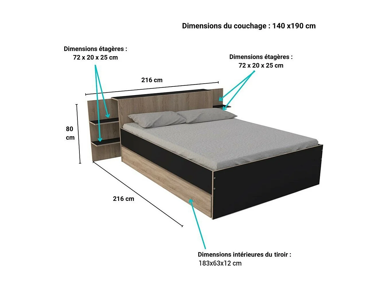 Lit 2 places 140x190cm Chêne et noir CITA inclus sommier et tete de lit chevet et tiroir