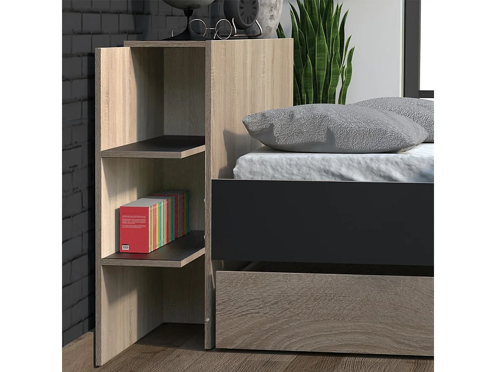 Lit 2 places 140x190cm Chêne et noir CITA inclus sommier et tete de lit chevet et tiroir