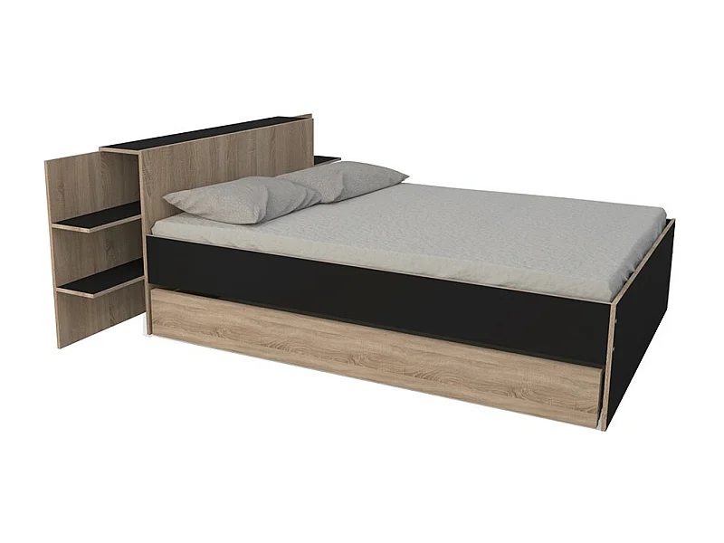 Lit 2 places 140x190cm Chêne et noir CITA inclus sommier et tete de lit chevet et tiroir