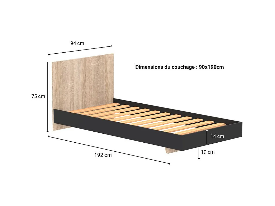 Lit simple 1 place 90x190cm Noir et Artisan avec sommier LIFA
