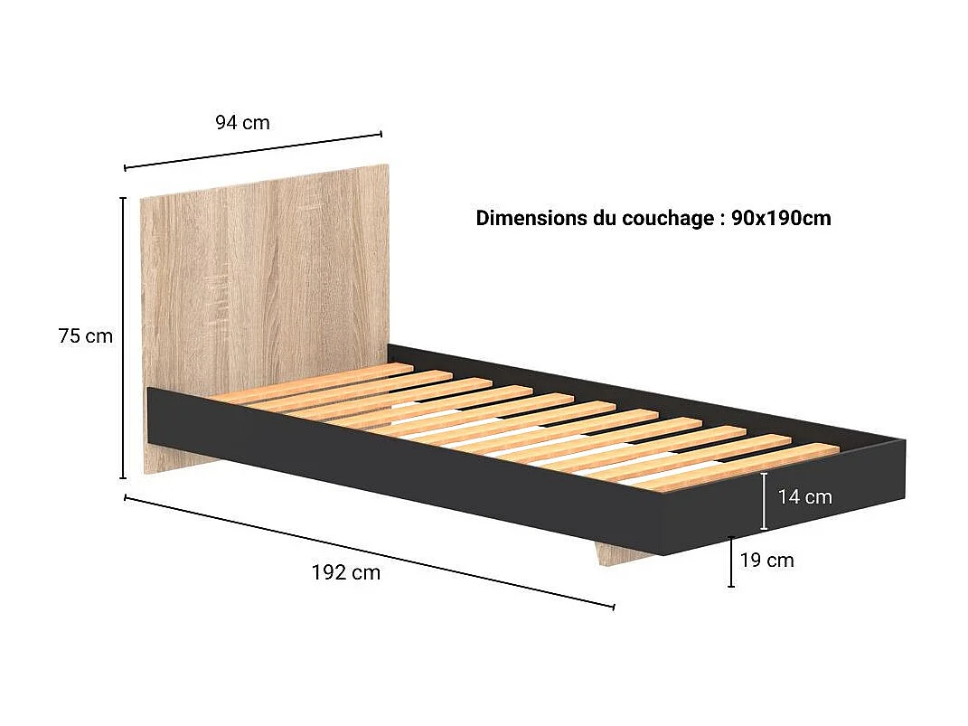 Lit simple 1 place 90x190cm Noir et Artisan avec sommier LIFA