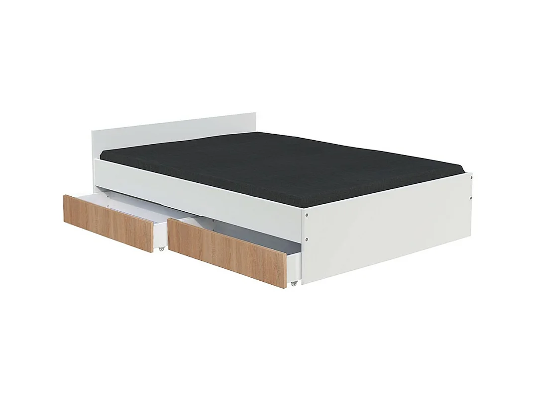 Lit 2 places 140x190cm Blanc et Chêne KIAPA inclus sommier et 2  tiroirs pour rangement