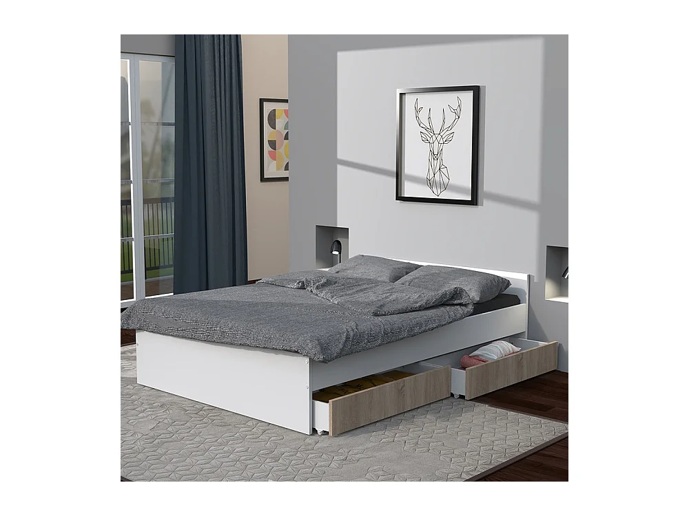 Lit 2 places 140x190cm Blanc et Chêne KIAPA inclus sommier et 2  tiroirs pour rangement