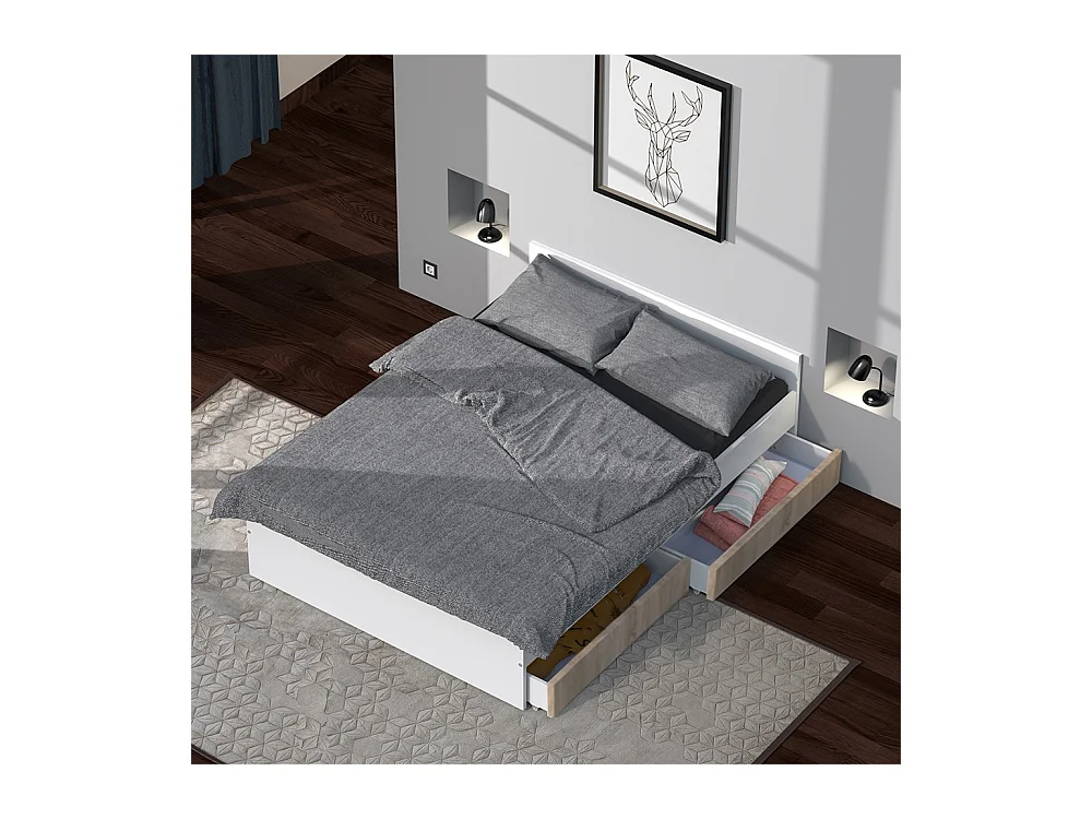Lit 2 places 140x190cm Blanc et Chêne KIAPA inclus sommier et 2  tiroirs pour rangement