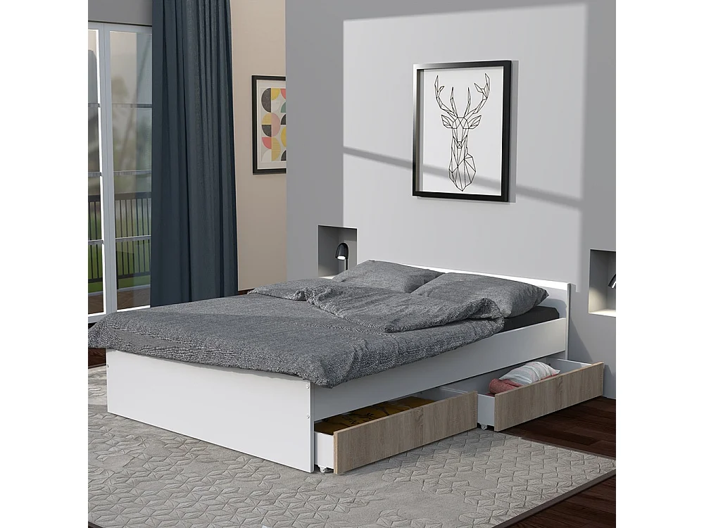 Lit 2 places 140x190cm Blanc et Chêne KIAPA inclus sommier et 2  tiroirs pour rangement