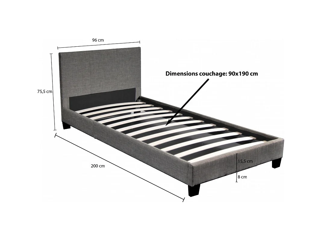 Lit 1 place 90x190cm Tissu Gris foncé avec sommier DUSIN