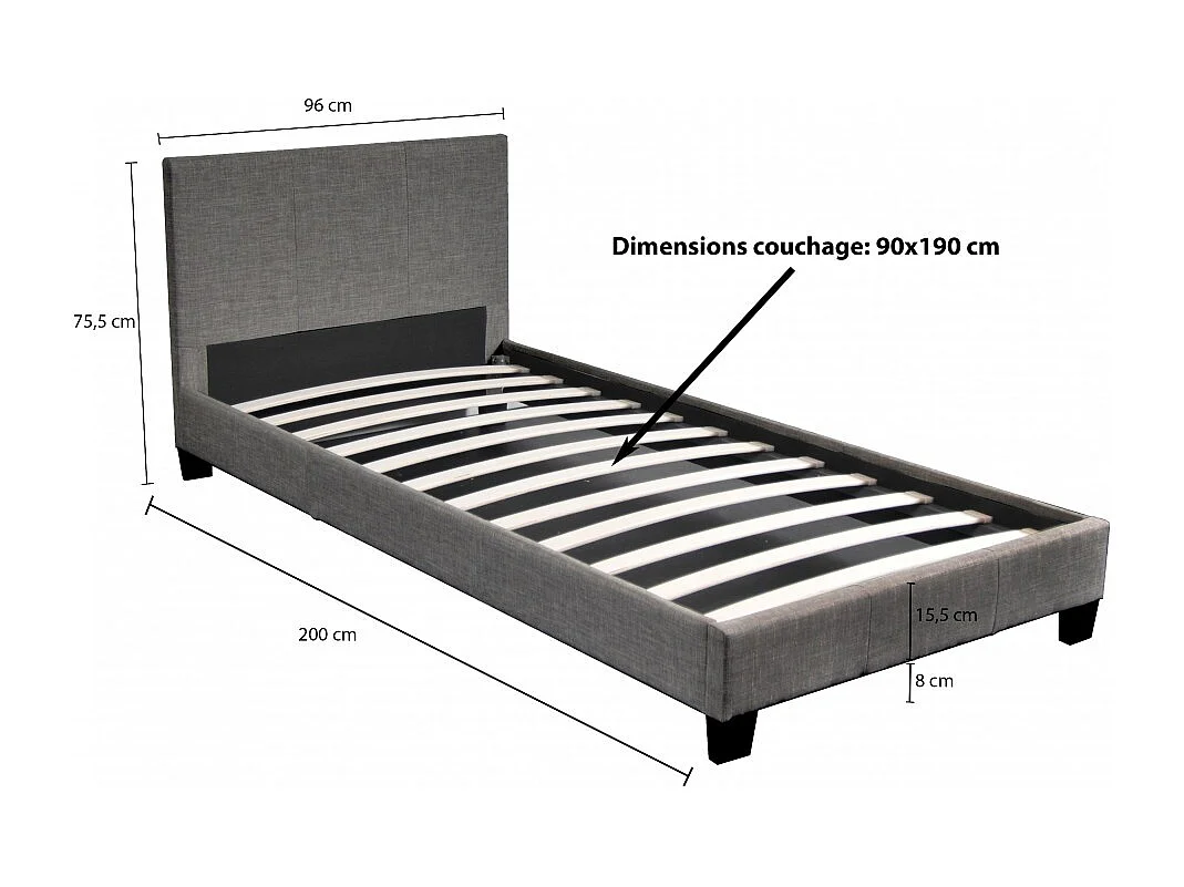 Lit 1 place 90x190cm Tissu Gris foncé avec sommier DUSIN