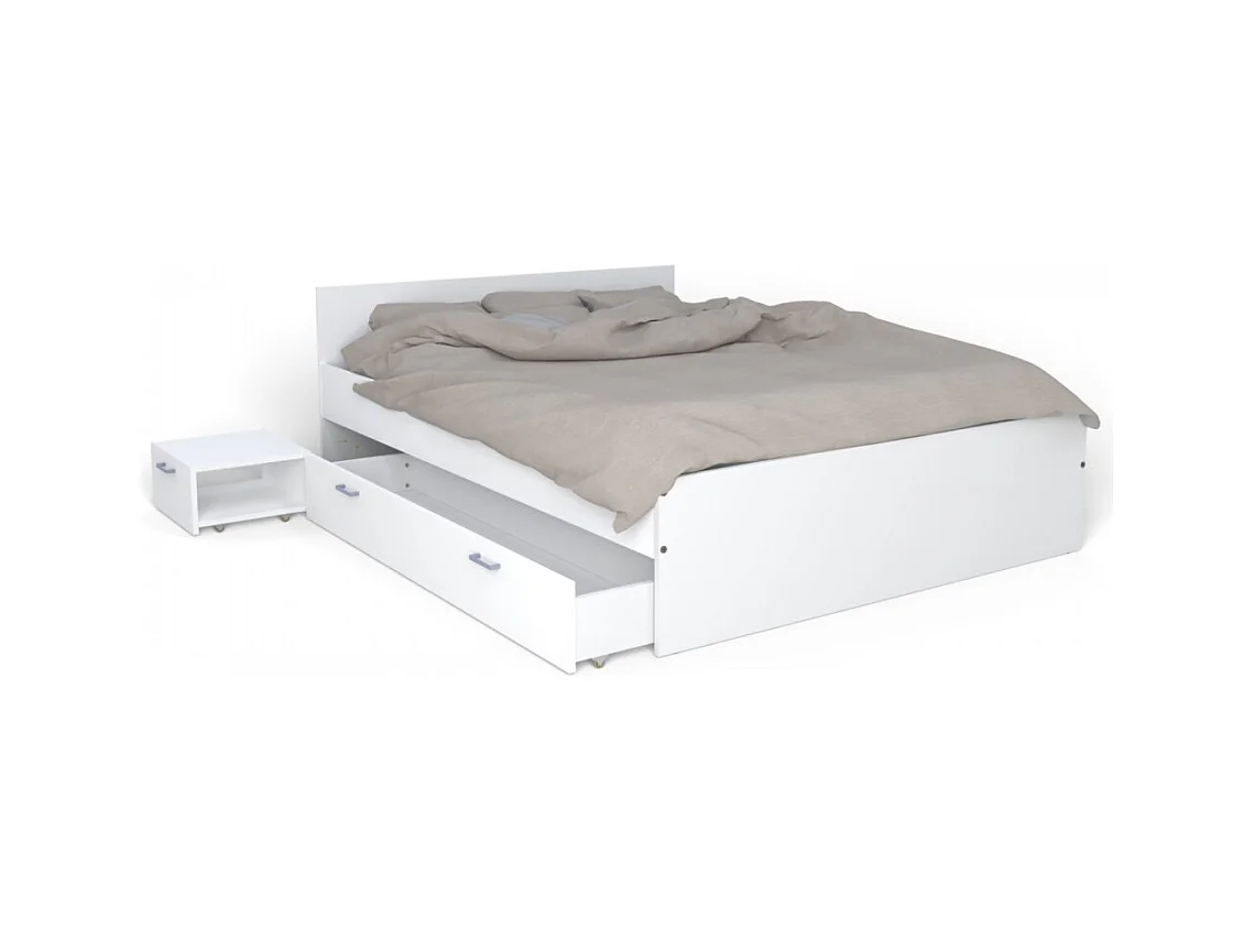 Lit 2 places 140x190cm Blanc TIDO inclus sommier, 1 chevet et 1  tiroir pour rangement