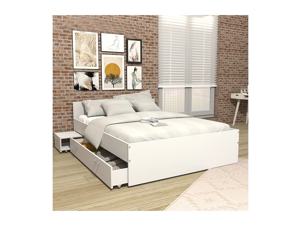 Lit 2 places 140x190cm Blanc TIDO inclus sommier, 1 chevet et 1  tiroir pour rangement
