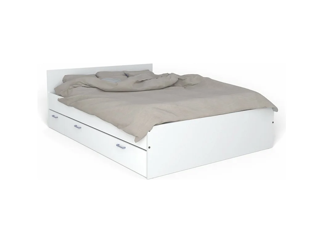 Lit 2 places 140x190cm Blanc TIDO inclus sommier, 1 chevet et 1  tiroir pour rangement