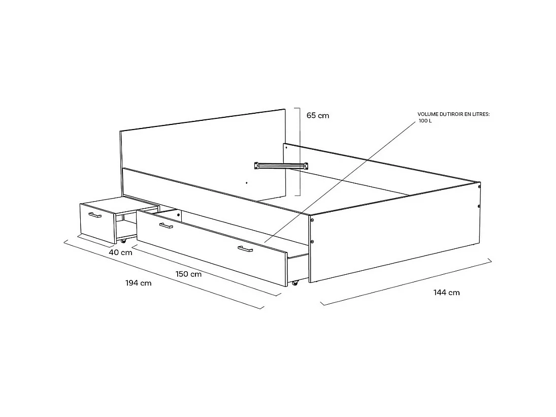 Lit 2 places 140x190cm Blanc TIDO inclus sommier, 1 chevet et 1  tiroir pour rangement