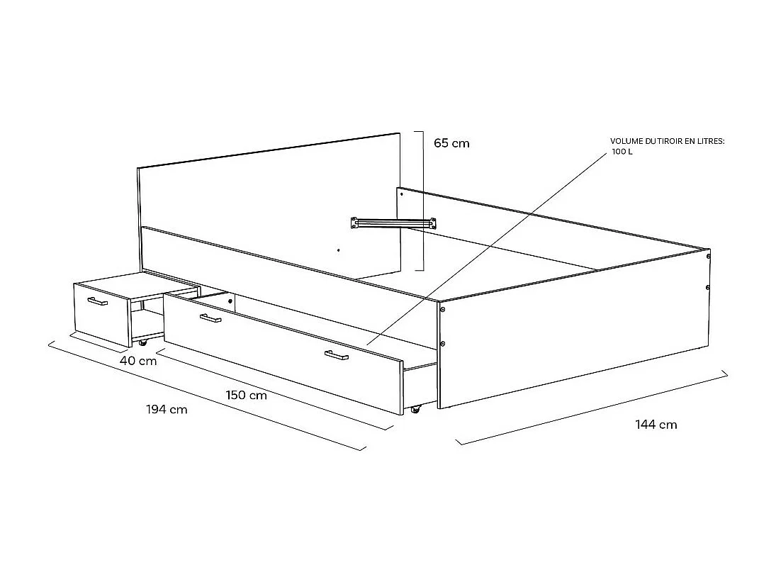 Lit 2 places 140x190cm Blanc TIDO inclus sommier, 1 chevet et 1  tiroir pour rangement