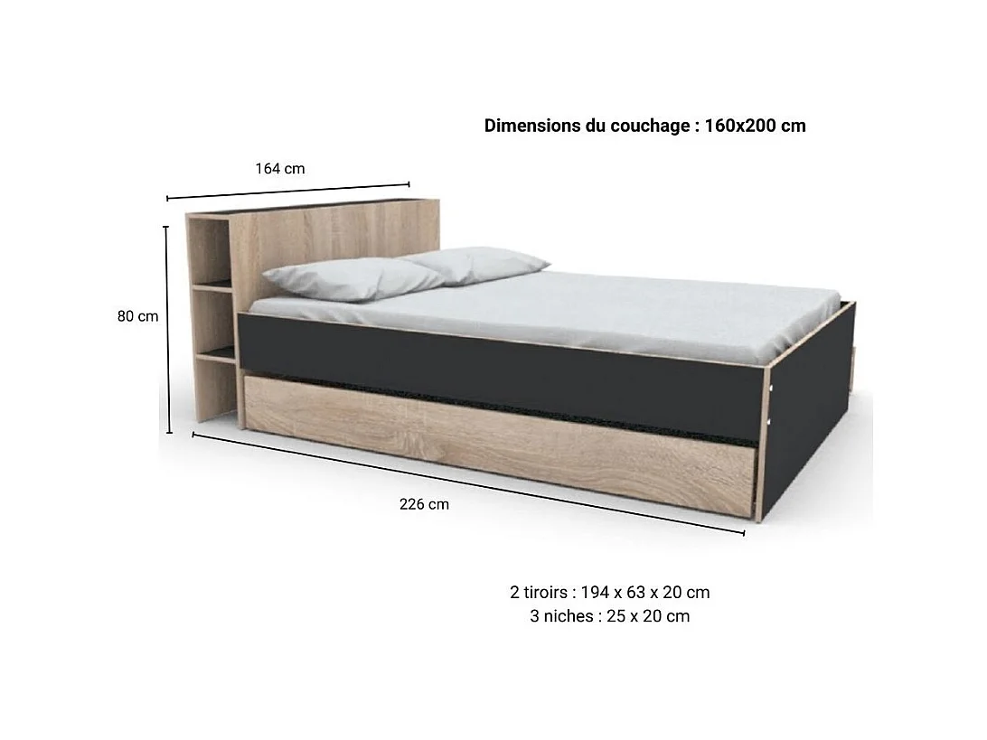 Lit 2 places 160x200cm Noir et chêne ROGO inclus sommier et tete de lit avec étageres et 2 tiroirs