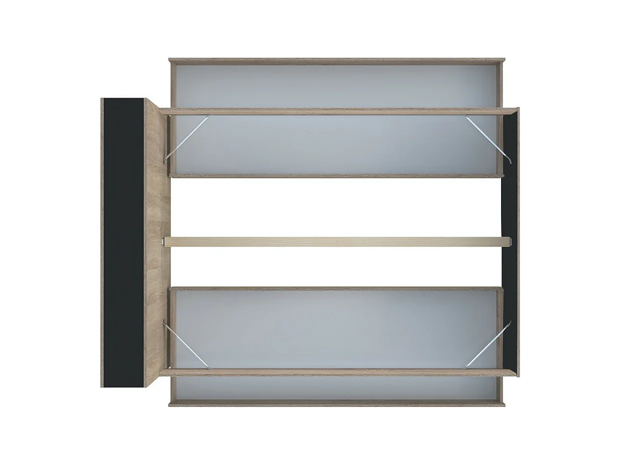 Lit 2 places 160x200cm Noir et chêne ROGO inclus sommier et tete de lit avec étageres et 2 tiroirs