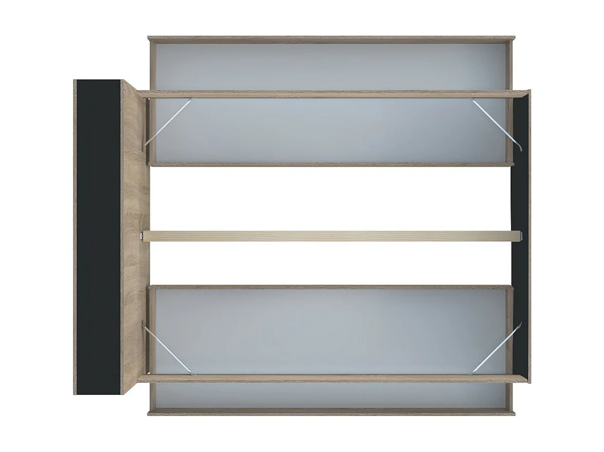 Lit 2 places 160x200cm Noir et chêne ROGO inclus sommier et tete de lit avec étageres et 2 tiroirs