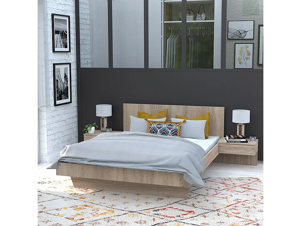 Lit 2 places 140x190cm couleur chêne CAIL inclus sommier et 2 chevets